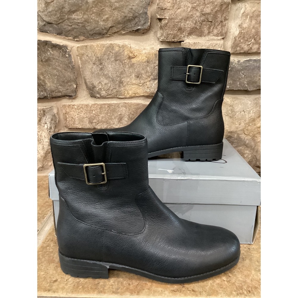 Vionic Jill Black Leather Ankle Boots Buckle Lug Sole Size Womens 9 New